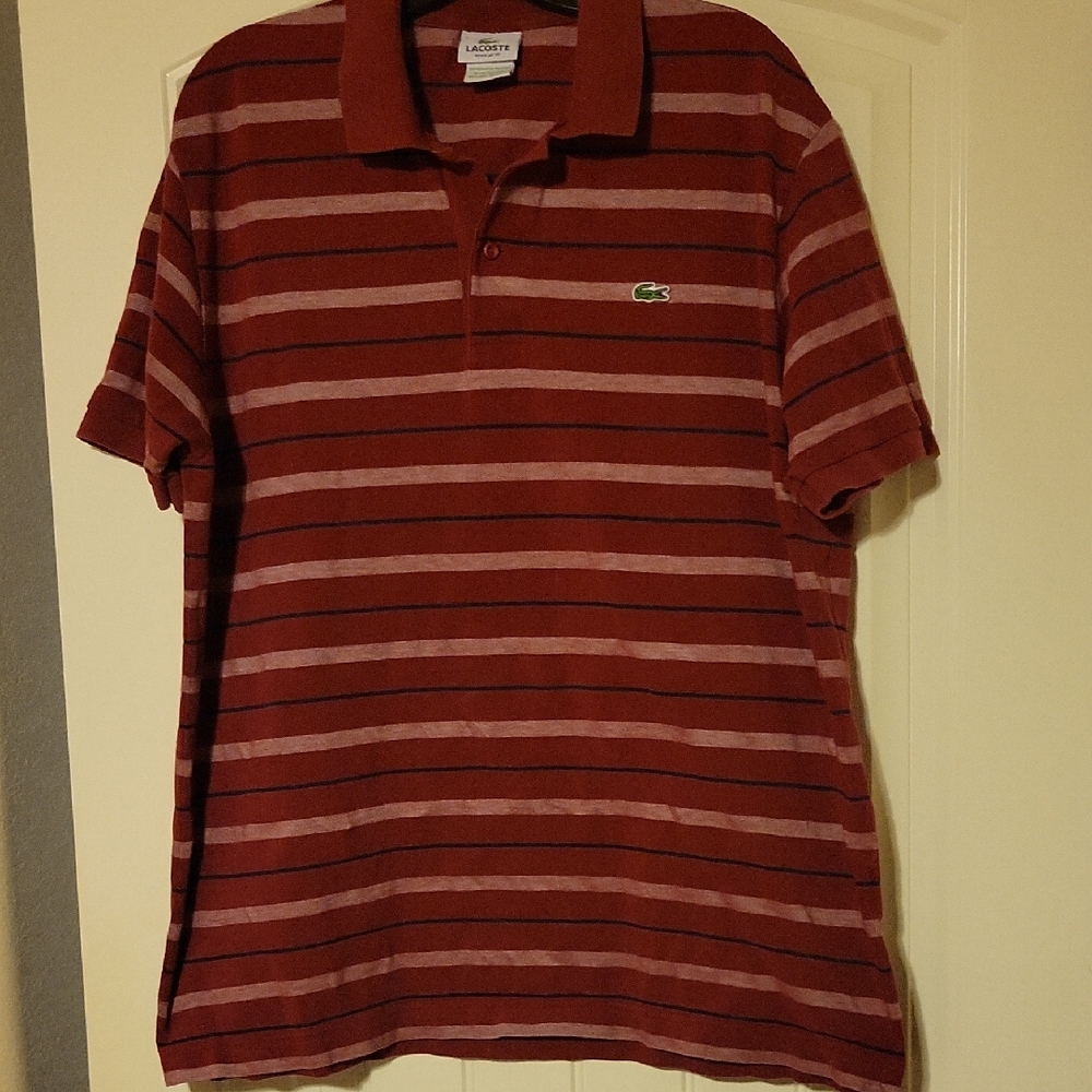 Lacoste Men's Burgundy and Pink Striped Polo Shirt. Size Fr 7 XXL